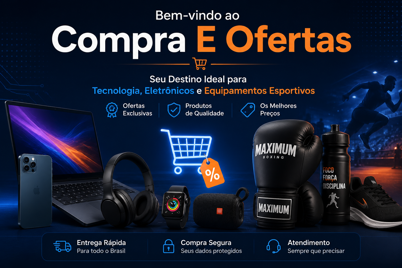Banner do Compra E Ofertas com produtos de tecnologia, eletrônicos e equipamentos esportivos para compras online com ofertas e promoções.